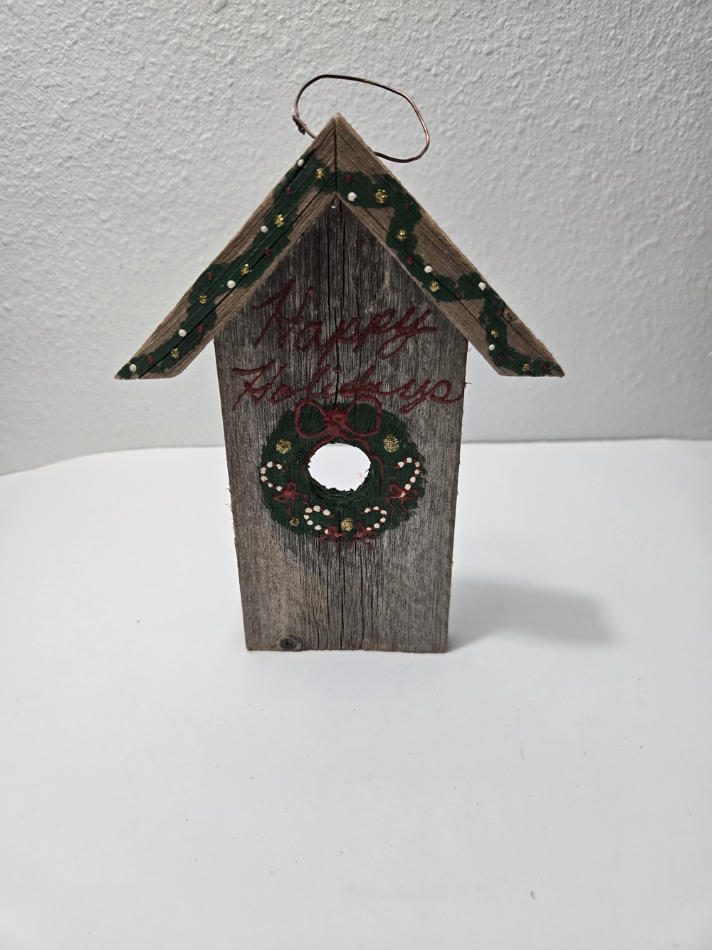 Holiday Decorative Wooden Christmas Birdhouse Ornament w/Green Wreath - Unbraded
